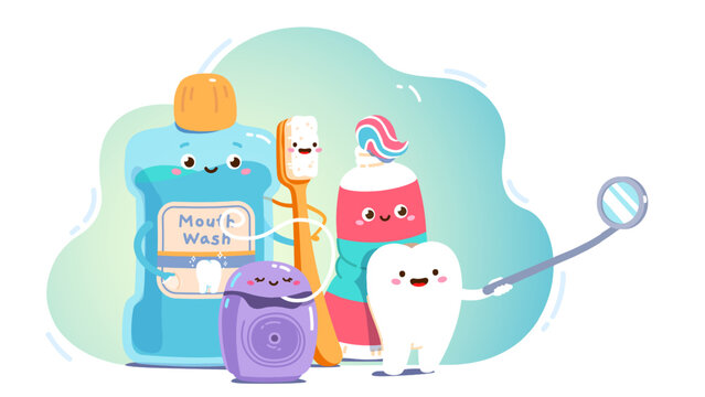 Cute animated oral care product cartoon characters