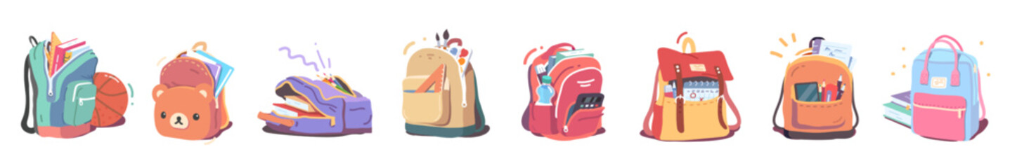 School backpacks set. Cute boys, girls children full schoolbags with books, supplies, textbooks, notebooks, pens, pencils, paints, ruler, calculator. Kids education, study flat vector illustration - obrazy, fototapety, plakaty