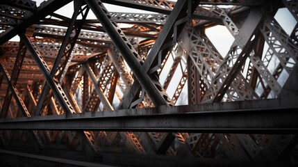 Fototapeta premium Zoom in on the textured patterns of a steel bridge spanning a river.