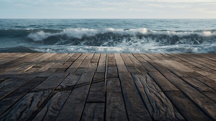Zoom in on the textured patterns of a wooden pier extending into the ocean.