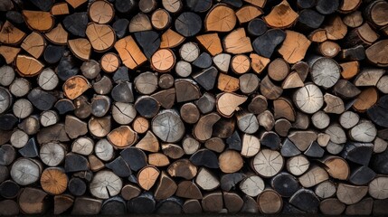 Zoom in on the textured patterns of a stack of firewood in a rustic cabin.