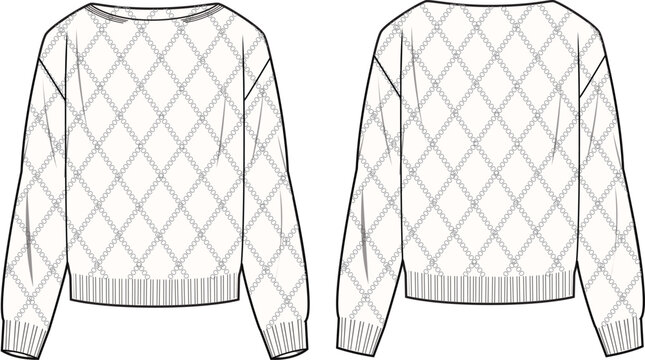 Women's Pointelle Jumper. Technical fashion illustration. Front and back, white color. Women's CAD mock-up.