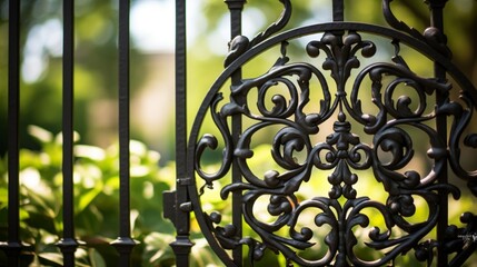 Zoom in on the detailed patterns of a wrought iron gate in a garden.