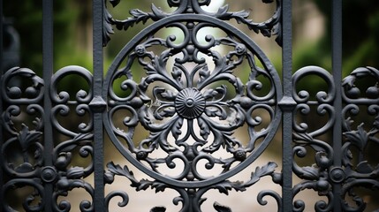 Zoom in on the detailed patterns of a wrought iron gate in a garden.