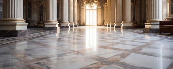 Zoom in on the flawless texture of a polished marble floor in a grand foyer.