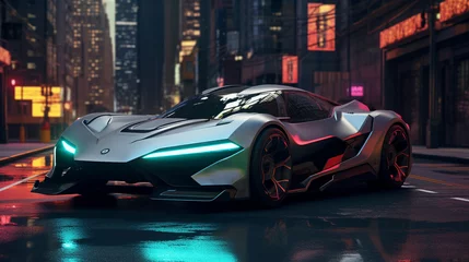 Foto op Plexiglas Cyberpunk cars are often characterized by their sleek, angular designs, neon lighting, and advanced technology. AI Generated. © 1st footage