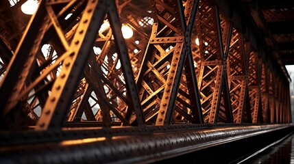 Zoom in on the textured patterns of a steel bridge spanning a river.