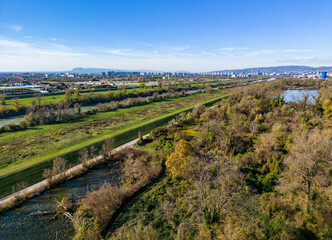 Hidden lakes on the eastern part of Zagreb city, Croatia, created by the Sava river tributaries, now used for fishing and walking in nature photographed with drone