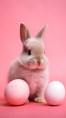 Rabbit on pastel background with easter egg decoration.