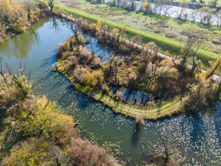 Hidden lakes on the eastern part of Zagreb city, Croatia, created by the Sava river tributaries, now used for fishing and walking in nature photographed with drone