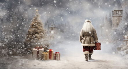 Santa Claus on his back, walking on snow, leaving presents on christmas tree overnight. christmas concept and presents.