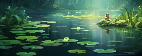 Capture the calm surface of a pond with lily pads and a solitary duck.