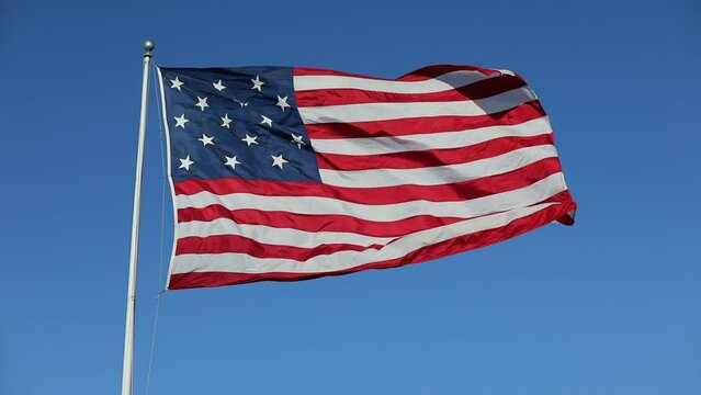 Waving USA Flag in Clear Blue Sky. USA American Flag. Waving United States of America Famous Flag