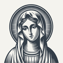 Woodcut Vector Illustration of Mary, Mother of Jesus