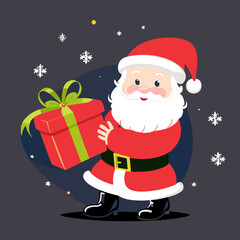 Vector christmas pattern with cartoon
santa claus in the red hat, snowflakes, gift 
 on a blue background. 2024 New Year's fashion
ornament for fabric, paper, textiles.