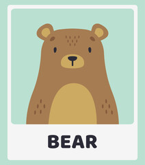Cute brown bear. Animal portraits. Educational cards for children. Simple vector illustrations.