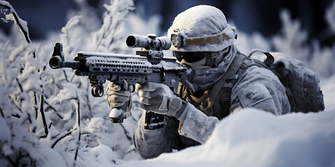 Soldado luchando en la nieve - obrazy, fototapety, plakaty