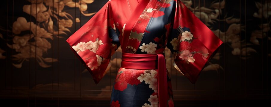 Capture the smooth and elegant texture of a silk kimono in traditional patterns.