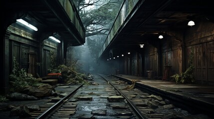 Capture the weathered textures of an abandoned train station platform.