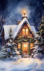 Fototapeta premium Cozy winter cabin warmly lit, adorned with festive decorations under