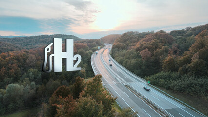 Aerial view of traffic on road at sunset with hydrogen concept - Visual H2 effect symbol and 3D graphic - Futuristic innovation
