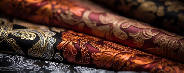 Focus on the intricate patterns and textures of a brocade fabric in elegant colors.
