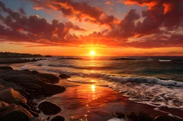Rolgordijnen a beautiful high quality Sunset over the ocean hd wallpaper, ocean background, wallpaper, landscap wallpaper, ocean with cloudy sky wallpaper © Kamran