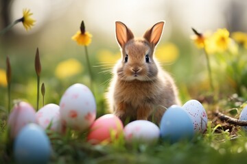 rabbit with pointed ears in the field surrounded by Easter eggs