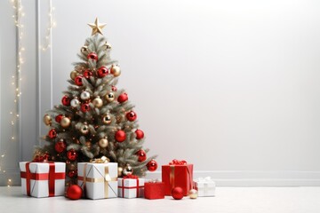 Christmas tree with golden and red baubles at white interior. Copy space. Banner. Xmas greeting card.