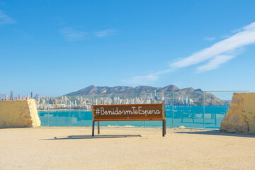 Panoramic view to Benidorm Poniente beach. Cityscape of Benidorm city with Poniente beach, skyscrapers, hotels and turquoise blue Mediterranean sea