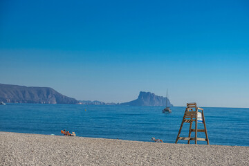 Albir seaside beach, Mediterranean sea and moutain view. Albir is small resort between Altea and Benidorm, L'Alfas del Pi municipality, Alicante province, Spain
