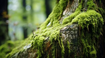 Focus on the textured patterns of a moss-covered tree trunk in a forest.