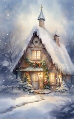 Cozy winter cabin, adorned with festive decorations