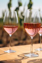 Close-up of rose wine glasses on outdoor table