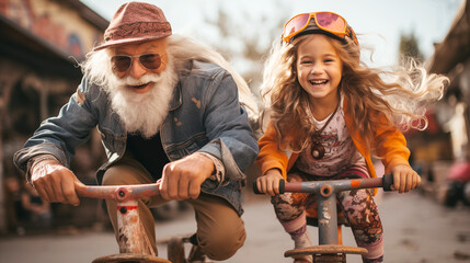 stylish elderly man on a bicycle in stylish clothes with an incredible smile in the city surrounded by a group of stylish cheerful children in an atmosphere of freedom - obrazy, fototapety, plakaty