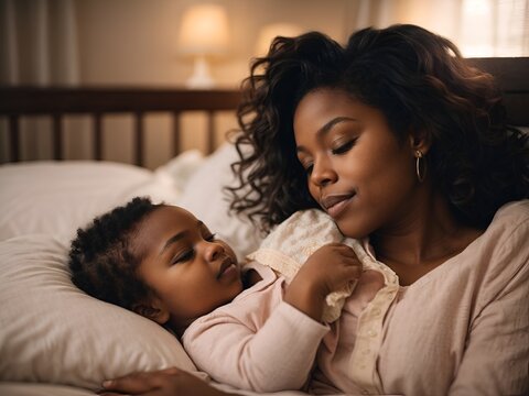 Authentic capture of an African American mother and her newborn baby sharing a peaceful sleep. The image should radiate love and depict the unique bond of parenthood. 