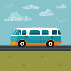 The bus is traveling on a highway in the desert.
Grass, road and clouds landscape flat vector illustration