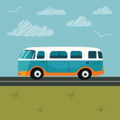 Fototapeten The bus is traveling on a highway in the desert. Grass, road and clouds landscape flat vector illustration © Зинаида Шагун