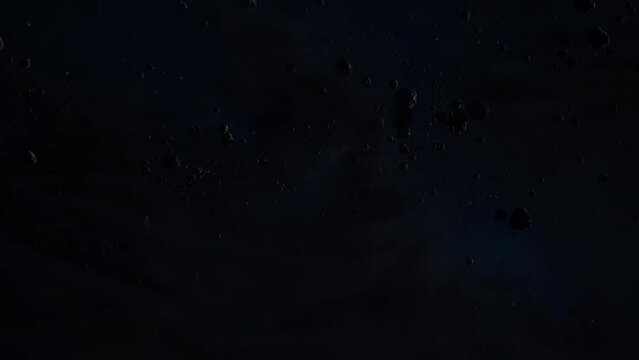 Flight Through an Asteroid Field in Dark Outer Space Wide Dolly Shot