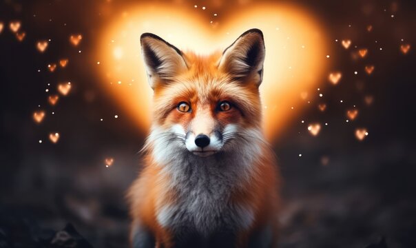 red fox with heart on the background. 