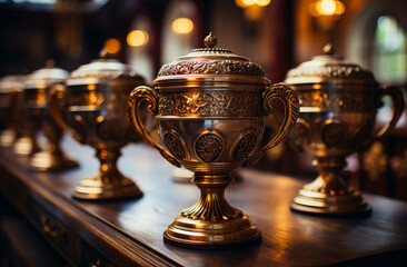 Fototapeta na wymiar Three wooden trophies on a background. A row of golden cups sitting on top of a wooden table