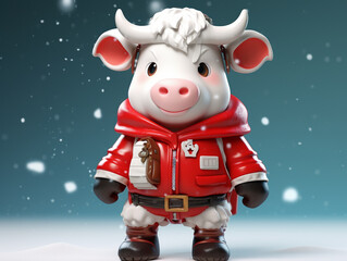 A Cute 3D Cow Dressed Up as Santa Claus on a Solid Color Background