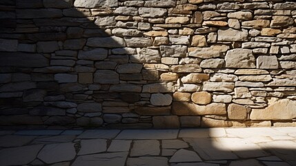 Highlight the play of light and shadow on a textured stone wall.
