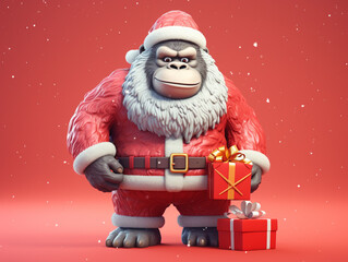 A Cute 3D Gorilla Dressed Up as Santa Claus on a Solid Color Background