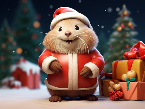 A Cute 3D Beaver Dressed Up as Santa Claus on a Solid Color Background