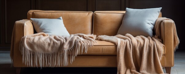 Highlight the soft and luxurious texture of a cashmere throw blanket on a sofa. - obrazy, fototapety, plakaty