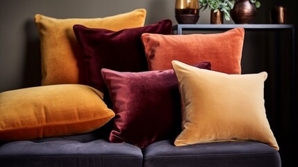 Highlight the soft and plush texture of a velvet cushion in warm, inviting colors.