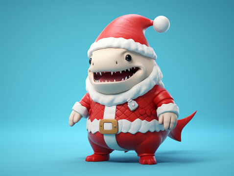 A Cute 3D Shark Dressed Up as Santa Claus on a Solid Color Background