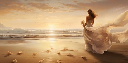 Fototapeta na wymiar Golden hour grace: A bride's dress billows like a sunset wave on a tranquil beach.