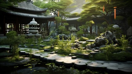 Jade Tranquility: A tranquil garden with ornamental jade stones, exuding a sense of peace and...